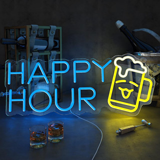 ป้ายไฟนีออน LED หรี่แสงได้ ลาย Happy Hour สําหรับตกแต่งห้องนอน ผับ คาเฟ่ งานวันเกิด บาร์แมน