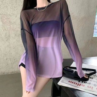 เสื้อเชิ้ตซีทรู แขนยาว คอกลม ทรงหลวม พิมพ์ลาย แต่งไล่โทนสี โอเวอร์ไซซ์ แฟชั่นสําหรับสตรี