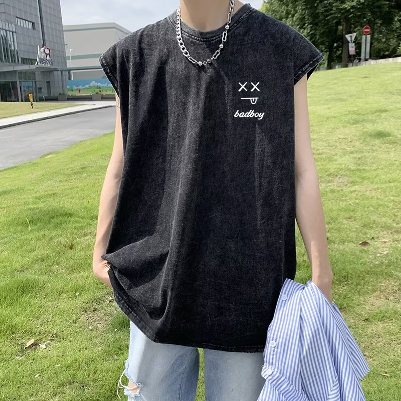 ล้างเสื้อกั๊กด้อยเสื้อกั๊กชายฤดูร้อน อิน ถนนสวม สูง ถนน หลวมเสื้อยืดแขนกุด