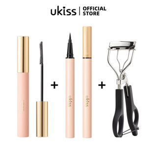 Ukiss มาสคาร่า กันน้ํา + ปากกาอายไลเนอร์เหลว + เครื่องมือดัดขนตา ชุดเครื่องสําอาง มาสคาร่าธรรมชาติ สีดํา และสีน้ําตาลดํา S12 พร้อมอายไลเนอร์หัวนุ่ม ขายดี