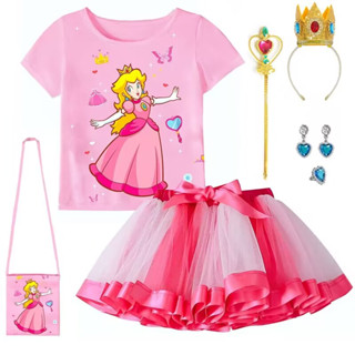 เสื้อยืด พิมพ์ลาย Super Mario Peach Princess สีชมพู และกระโปรง และกระเป๋า 3 ชิ้น