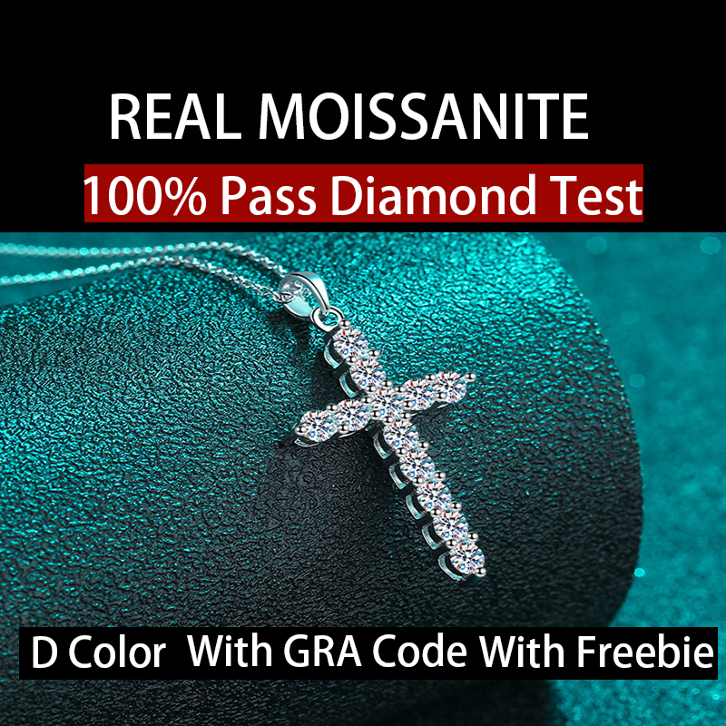 จริง Moissanite 0.36ct 0.72ct 1.1ct 1.2ct 3.6ct Cross สีขาว D สีสร้อยคอ S925 เงินสเตอร์ลิงการรับรอง 