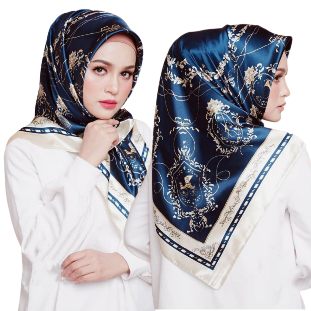 Navy Blue New Hangzhou Silk Hijab Scarf Fashion Malaysia Tudung Bawal Chinese Silk Floral Design