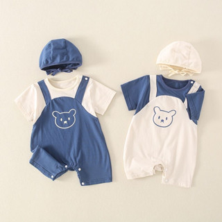 Onesie ทารก, Onesie ผ้าฝ้ายทารกแรกเกิด, แขนสั้น Cotton Bear สไตล์เกาหลีมีฮู้ด Onesie สำหรับทารก 0-24 เดือนและเด็กวัยหัดเดิน