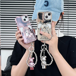 เคสโทรศัพท์มือถือ ชุบไฟฟ้า ลายตุ๊กตาหมี Violent Bear สีโรสโกลด์ พร้อมสายคล้องมือ สําหรับ iPhone14pro 13 12 pro max 11