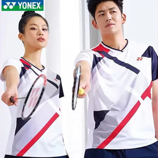 Yonex เสื้อแบดมินตัน แขนสั้น ลายทาง สีตัดกัน แห้งเร็ว สําหรับผู้ชาย และผู้หญิง