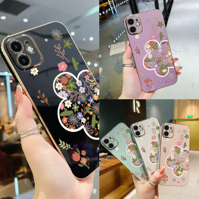 เคส iPhone 15 14 13 12 11 Pro Max X XR XS Max 8 7 + Plus SE 2020 iPhone15 iPhone14 iPhone13 iPhone12 iPhone11 ProMax iPhoneX iPhoneXR iPhoneXSMax iPhone8 iPhone8Plus iPhone7 iPhone7Plus Plating Flowers Grass Soft Case
