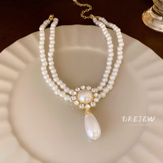 DREJEW สร้อยคอโซ่ จี้รูปหยดน้ํา ประดับไข่มุก สองชั้น สไตล์ฝรั่งเศสย้อนยุค เครื่องประดับสตรี
