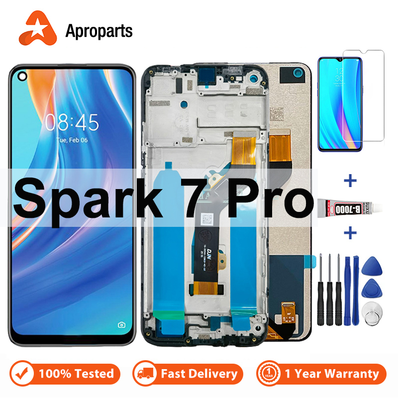 หน้าจอสําหรับ Tecno Spark 7 Pro KF8 จอแสดงผล Touch Screen Digitizer Assembly LCD พร้อมกรอบเปลี่ยน
