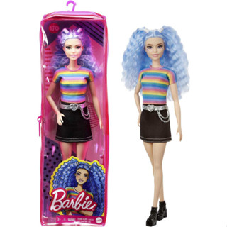 Barbie Fashionistas Doll #170 with Long Blue Crimped Hair,Star Face Makeup, Multi-color Striped Tee, Denim Skirt, Black Boots &amp; Silvery Chain Belt GRB61ตุ๊กตาบาร์บี้แฟชั่น ตุ๊กตาบาร์บี้ #170 พร้อมผมยาวสีฟ้า, แต่งหน้าหน้าดาว, เสื้อยืดลายทางหลากสี, กระโปรงย