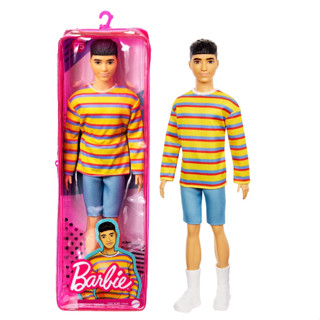 Barbie Ken Fashionistas Doll #175 with Brunette Hair Dressed in Colorful Striped Shirt, Denim Shorts and White Boots GRB91 ตุ๊กตาบาร์บี้เคน ตุ๊กตาแฟชั่นนิสต้า #175 ชุดเดรสเสื้อเชิ้ต ผ้าเดนิม กางเกงขาสั้น ลายทาง สีสันสดใส สีขาว GRB91