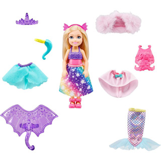 Barbie Dreamtopia Chelsea Doll and Dress-Up Set with 12 Fashion Pieces Themed to Princess, Mermaid, Unicorn and Dragon GTF40 ตุ๊กตาบาร์บี้ Dreamtopia Chelsea พร้อมธีมเจ้าหญิง นางเงือก ยูนิคอร์น มังกร GTF40 12 ชิ้น