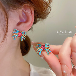 Drejew ต่างหูเข็มเงิน ประดับโบว์เพชร สีฟ้า ขนาดเล็ก เรียบง่าย