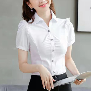 ใหม่ เสื้อเชิ้ตแขนสั้น ทรงสลิม สีขาว สีฟ้า สําหรับผู้หญิง ไซซ์ S-5xl