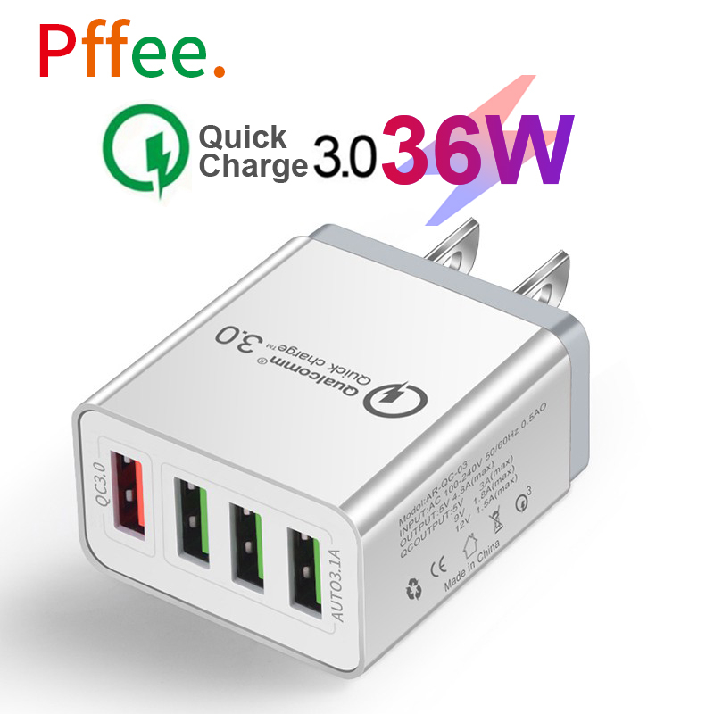 Pffee 4 USB 36w ชาร์จเร็ว 3.0 ชาร์จเร็ว USB นาฬิกาติดผนัง อะแดปเตอร์ชาร์จ USB แท่นชาร์จ