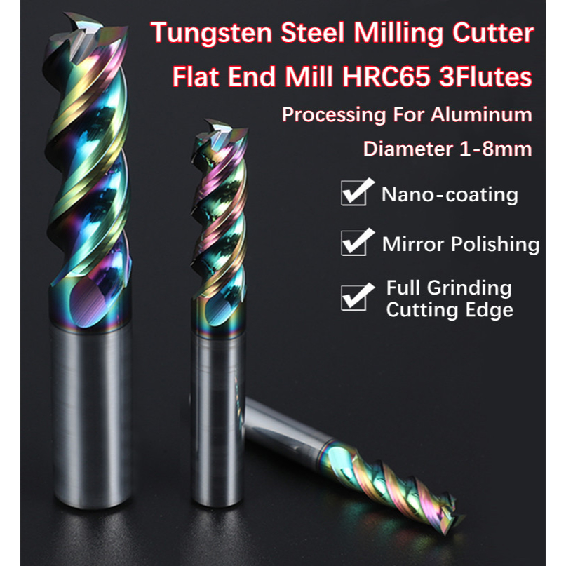 Hrc65 ดอกกัดเอ็นมิล ทังสเตนคาร์ไบด์ 3 แฉก 1/4 มม. 6 มม. 8 มม. สําหรับเครื่องตัดเอ็นมิล CNC อลูมิเนียม 1 ชิ้น