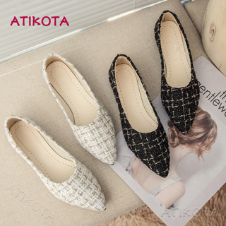 Atikota รองเท้าหนังนิ่ม ส้นแบน หัวแหลม แบบสวม สไตล์วินเทจ แฟ…
