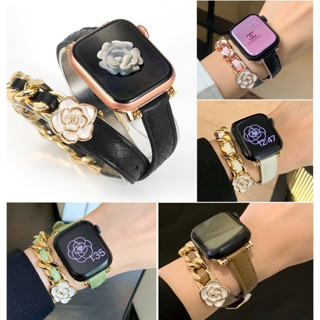 New Elegant Camellia Leather Stainless Steel Bracelet Watch Strap ใหม่ สายนาฬิกาข้อมือหนังสเตนเลส ลายดอกคามิเลีย หรูหรา แบบเปลี่ยน สําหรับ Series 8 Series7 Series6 5 4 3 2 1 SE SE2 Ultra 49 มม. 41 มม. 45 มม. 40 มม. 44 มม. 38 มม. 42 มม. สายแอปเปิ้ลวอช 8