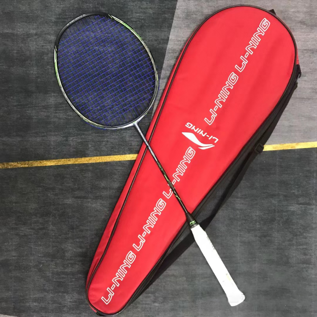 Li Ning ไม้แบดมินตัน 3D CALIBAR 900C สีดําเงินคาร์บอนเต็ม Offensive ประเภทการฝึกอบรมแร็กเก็ตฟรีสายดึงฟรี Anti-slip มือยางและแร็กเก็ตฝาครอบ