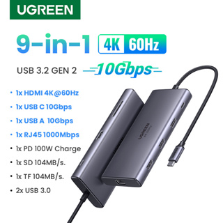 Ugreen ฮับ USB C 10Gbps 4K60Hz 9 in 1 Type C เป็น HDMI RJ45 Ethernet PD100W สําหรับ MacBook iPad Huawei Sumsang PC แท็บเล็ต โทรศัพท์ USB 3.0