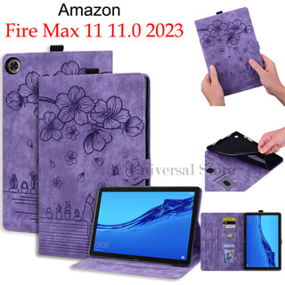 เคสหนัง PU ฝาพับ ลายซากุระ และแมว 3D พร้อมช่องใส่บัตร และขาตั้ง สําหรับ Amazon Fire Max 11 11.0 2023 Max11 11.0 นิ้ว 2023