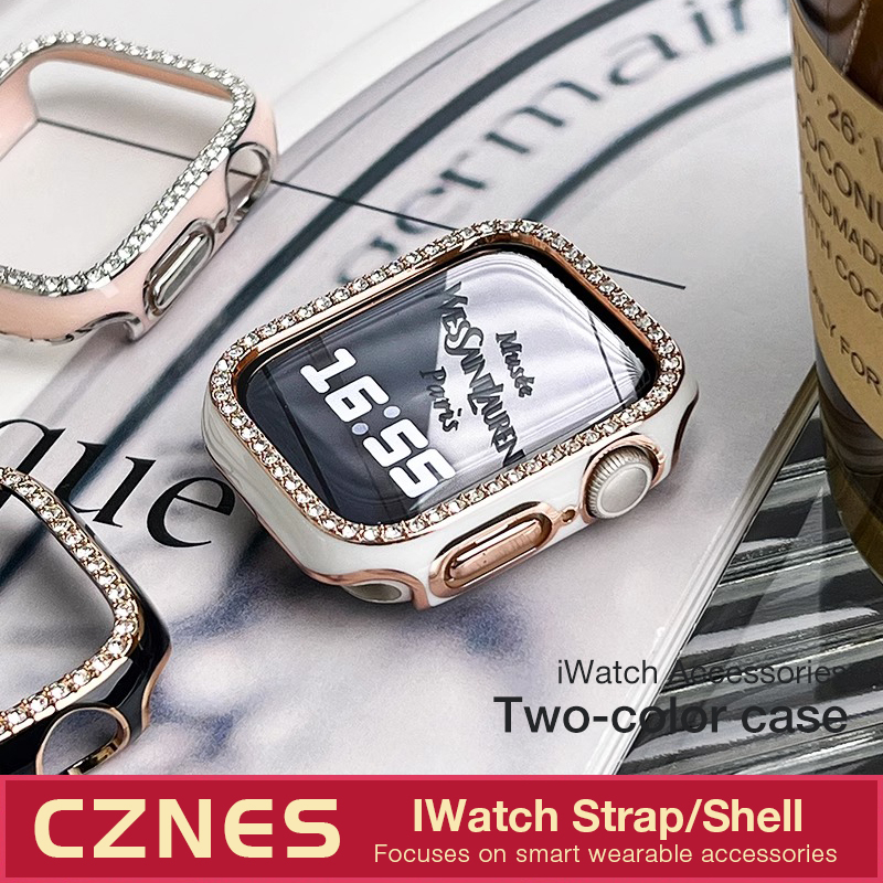 เคสนาฬิกาข้อมือ กันกระแทก ประดับเพชร สองสี สําหรับ Iwatch iwatch8 S9 S7 S6 41 มม. 45 มม.