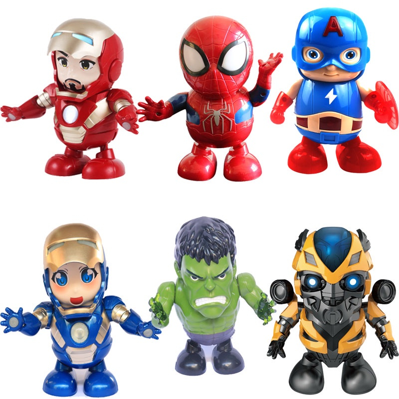 Iron Man มนุษย์แมงมุม Dancing Hero Avengers ของเล่นไฟฟ้า Super Hero Musical เต้นรําหุ่นยนต์ Early Education ของเล่น