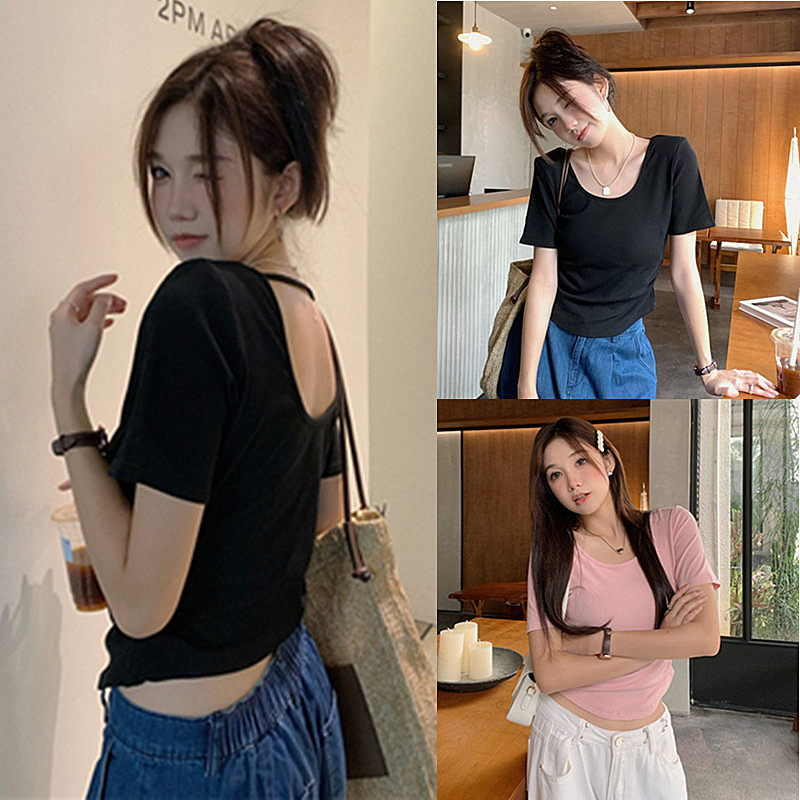 【WJZ】เสื้อยืดแขนสั้นเปิดหลังสีพื้นสไตล์เกาหลีแฟชั่นสำหรับผู้หญิง【9979】