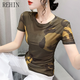 Rehin ใหม่ เสื้อยืดคอกลม แขนสั้น พิมพ์ลายตาข่าย สีกาแฟ หรูหรา แฟชั่นฤดูร้อน สําหรับผู้หญิง