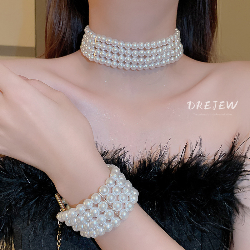 เดรช มุกสี่ชั้นด้านข้าง-ต่อด้านสร้อยคอฝรั่งเศสย้อนยุคแฟชั่นกระดูกไหปลาร้าโซ่ซอกบุคลิกภาพทุกการแข่งขันเครื่องประดับ