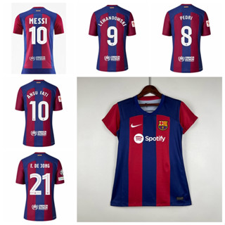 เสื้อกีฬาแขนสั้น ลายทีมชาติฟุตบอล Barcelona Lewandowski Messi Pedri De Jong Fati 2023-24 ชุดเหย้า สําหรับผู้หญิง