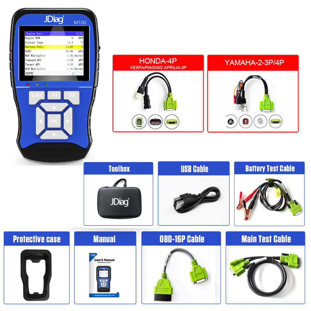 เครื่องสแกนมอเตอร์ไซค์มืออาชีพ JDIAG M100 รุ่นเรียบง่าย Plus สาย HONDA YAMAHA M100 เครื่องสแกนวินิจฉัยรถจักรยานยนต์สามารถอ่าน/รหัสผิดพลาดได้