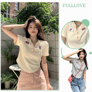 Fulllove Y2K Sweet  เสื้อยืด เสื้อครอปไหมพรมแขนสั้น หน้าวี vintage style Crop top