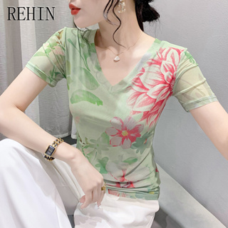 Rehin ใหม่ เสื้อยืดแขนสั้น คอวี พิมพ์ลายดอกไม้ ใส่สบาย กระชับสัดส่วน แฟชั่นฤดูร้อน ไซส์ S-3XL