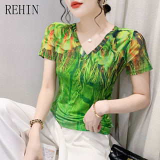 Rehin เสื้อยืดแขนสั้น คอวี เข้ารูป พิมพ์ลายดอกไม้ สีเขียว แฟชั่นฤดูร้อน สไตล์ยุโรป สําหรับผู้หญิง