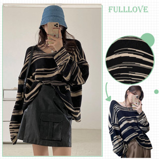 🔥ส่งไวจากไทย🔥 Fulllove เสื้อกันหนาว แขนยาว ผ้าถัก ทรงหลวม ลายขวาง สำหรับผู้หญิง