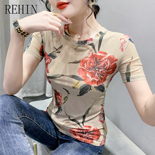 Rehin ฤดูร้อนใหม่แฟชั่นตาข่ายพิมพ์แขนสั้นเสื้อยืดคอกลมสลิมฟิตอินเทรนด์เสื้อกับเสื้อลายดอกไม้ผู้หญิง