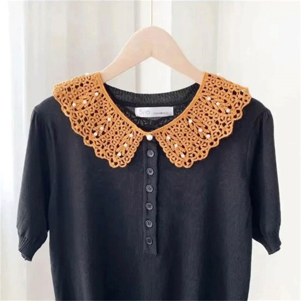 เสื้อเบลาส์ คอปกปลอม ประดับลูกปัดลูกไม้ แบบบาง ป้องกันแดด ถอดออกได้ สไตล์วินเทจ สําหรับผู้หญิง