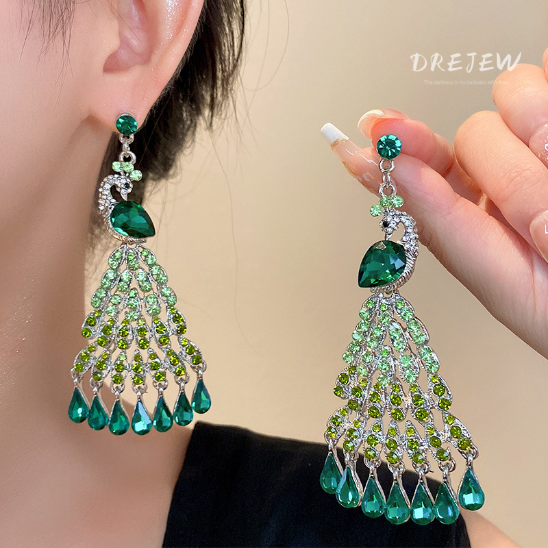 DREJEW ต่างหูเข็มเงิน จี้รูปนกยูง ประดับเพชร สีเขียวมรกต สไตล์ยุโรป และอเมริกา