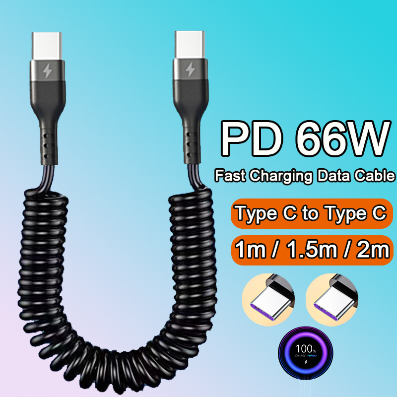 66w 5A USB Type C สายเคเบิลข้อมูล 3A Micro USB สปริงดึง ยืดไสลด์ ชาร์จเร็ว สําหรับโทรศัพท์ Android อุปกรณ์เสริมในรถยนต์ สายเคเบิล USB