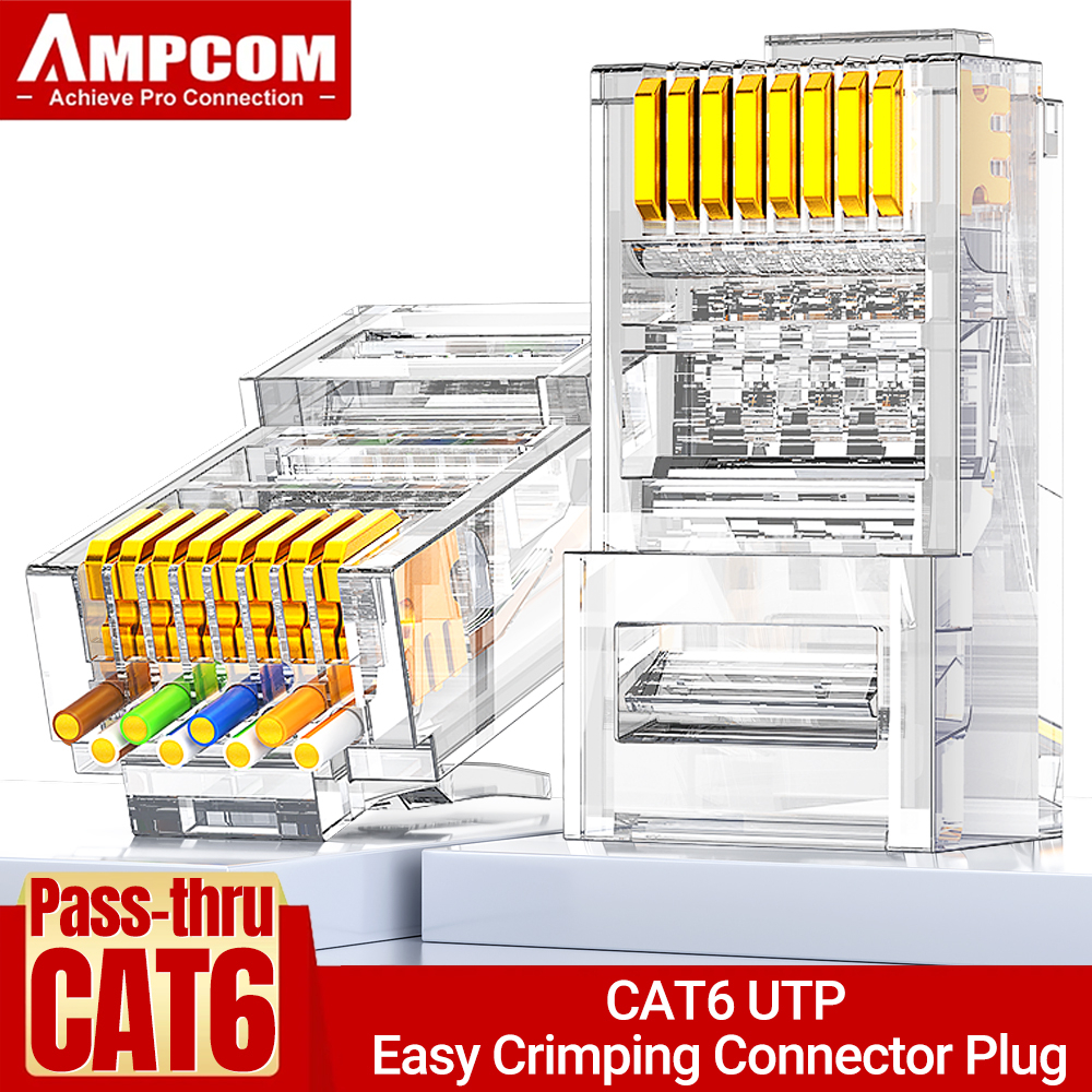 AMPCOM Pass Through EZ UTP RJ45 ตัวเชื่อมต่อเครือข่าย ชุบทอง CAT6 CAT5E UTP 3/50μ 8P8C สําหรับสายเคเ
