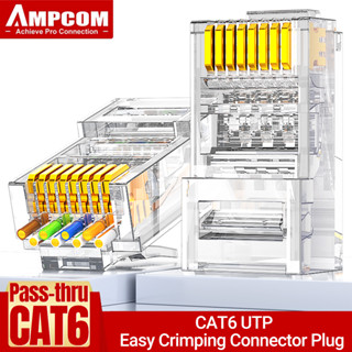 Ampcom Cat6 Cat5E Pass Through Rj45 โมดูลาร์ปลั๊กเชื่อมต่อเครือข่าย Utp 3/50" ชุบทอง 8P8C สําหรับสายเคเบิ้ลอีเธอร์เน็ต