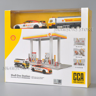 Shell Oil Gas Station Assembly Playset ชุดประกอบสถานีน้ํามันเชลล์ พร้อมโมเดลรถบรรทุก Nissan GT-R R35 และ Volvo Truck Oil Tanker