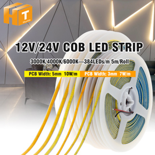 สายไฟ LED Cob DC12V 24V 384led ม. 3 มม. 5 มม. กว้าง 5 ม. ยืดหยุ่น สีขาวอบอุ่น สําหรับตกแต่ง