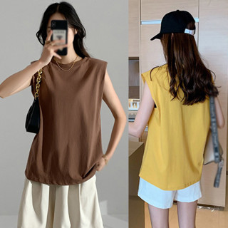 เสื้อยืดลําลอง คอกลม แขนกุด ทรงหลวม สีพื้น เรียบง่าย สําหรับสตรี