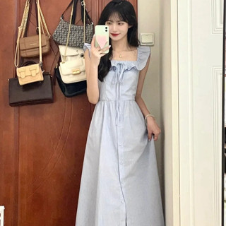 ชุดเดรสยาว ทรงเอ คอสี่เหลี่ยม แขนพอง ทรงหลวม สีฟ้า แฟชั่นฤดูร้อน สําหรับสตรี