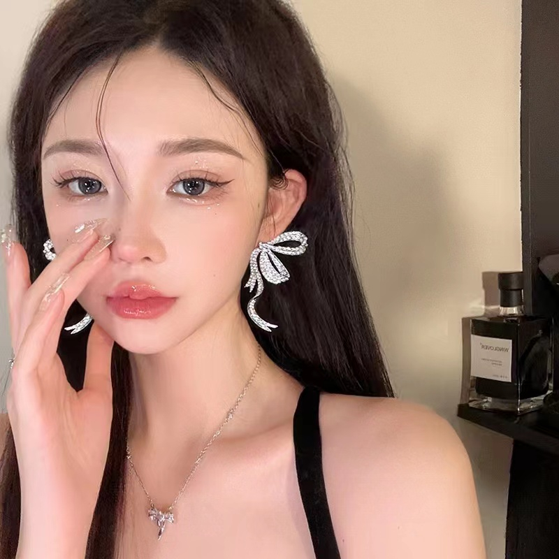 ต่างหูโบว์ริบบิ้น ประดับเพชร สไตล์เกาหลี สําหรับผู้หญิง