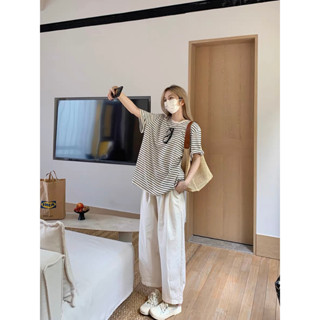 Lazy สูทหลวม ๆ ลายเรียบง่ายร้อยแขนสั้นเสื้อยืด + หลวมขากว้างเก้าส่วนเสื้อยืดขนาดกลางยาว