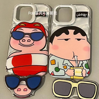 Xiaoxin เคสโทรศัพท์มือถือนิ่ม กันกระแทก ลายหมูพิกแมน พร้อมที่จับแว่นตา สําหรับ iphone11 12 13 14 promax x xs xr i7 i8