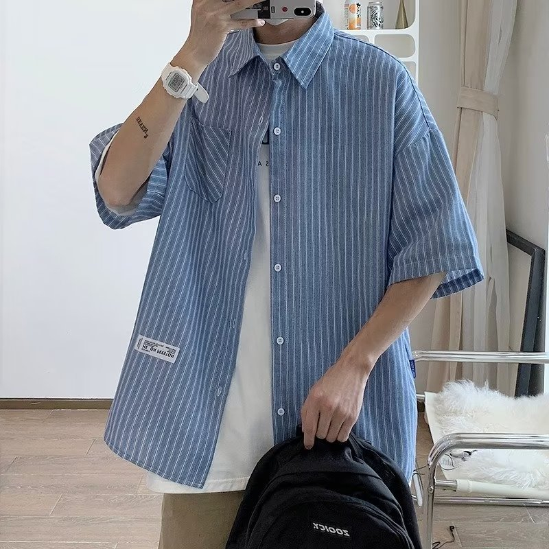 ญี่ปุ่นลายเสื้อผู้ชายม-3เอ็กแอล สามสีฤดูร้อน2023เสื้อผู้ชายถนนสวมครึ่งแขนเสื้อผู้ชายกระเป๋าตกแต่งเกาหลีรุ่นหลวมเสื้อผู้ชายปกนักเรียนอเมริกัน สูง ถนน ครึ่งแขนเสื้อผู้ชายเยาวชนหล ด้านนอก ผู้ชาย